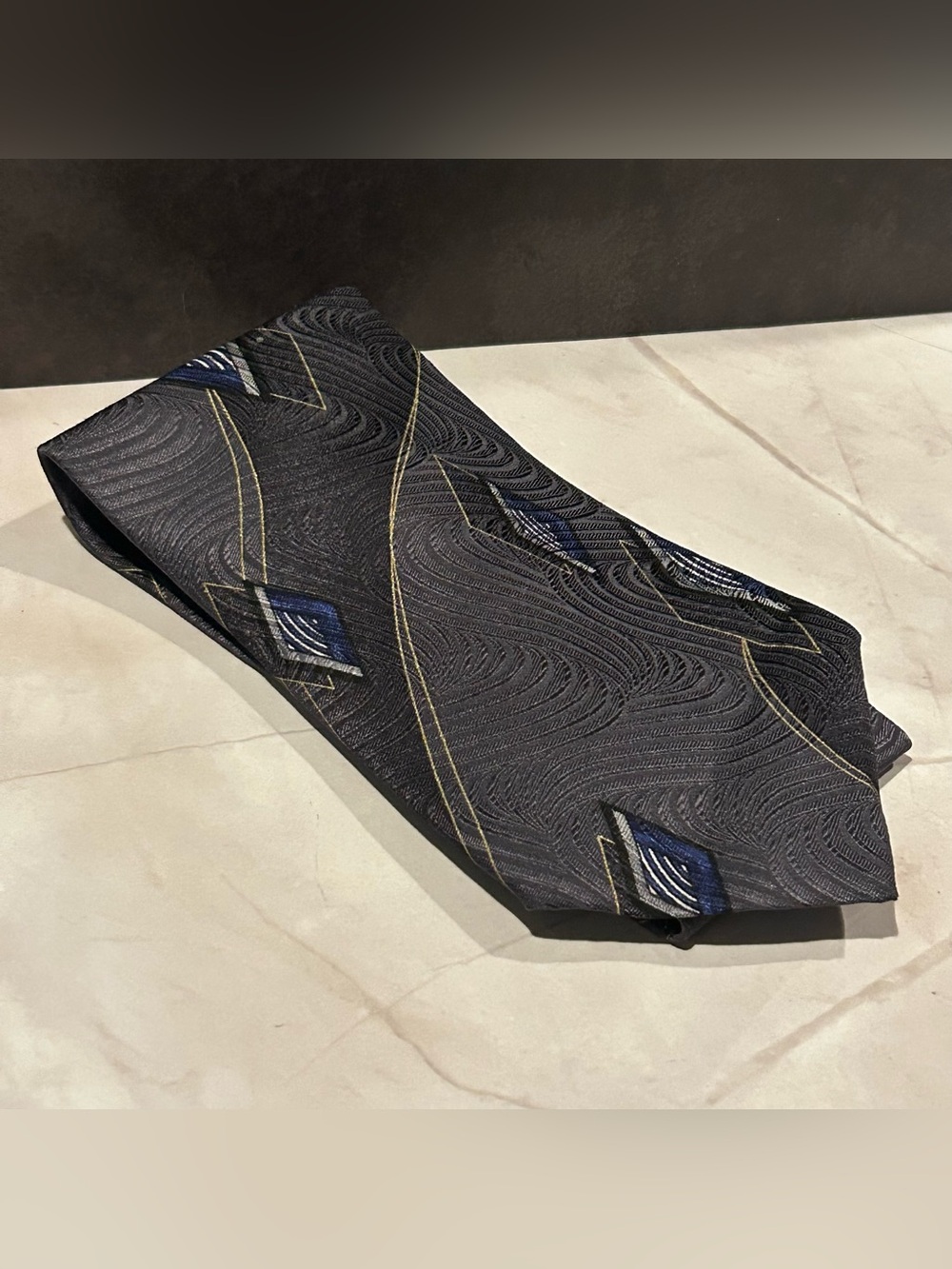 jf j.ferrar Italian Gray 60” Silk Tie with Blue and Gold Geometric Accents